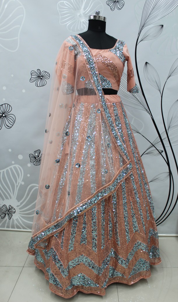 Embroidered work Net Lehenga Choli in Peach