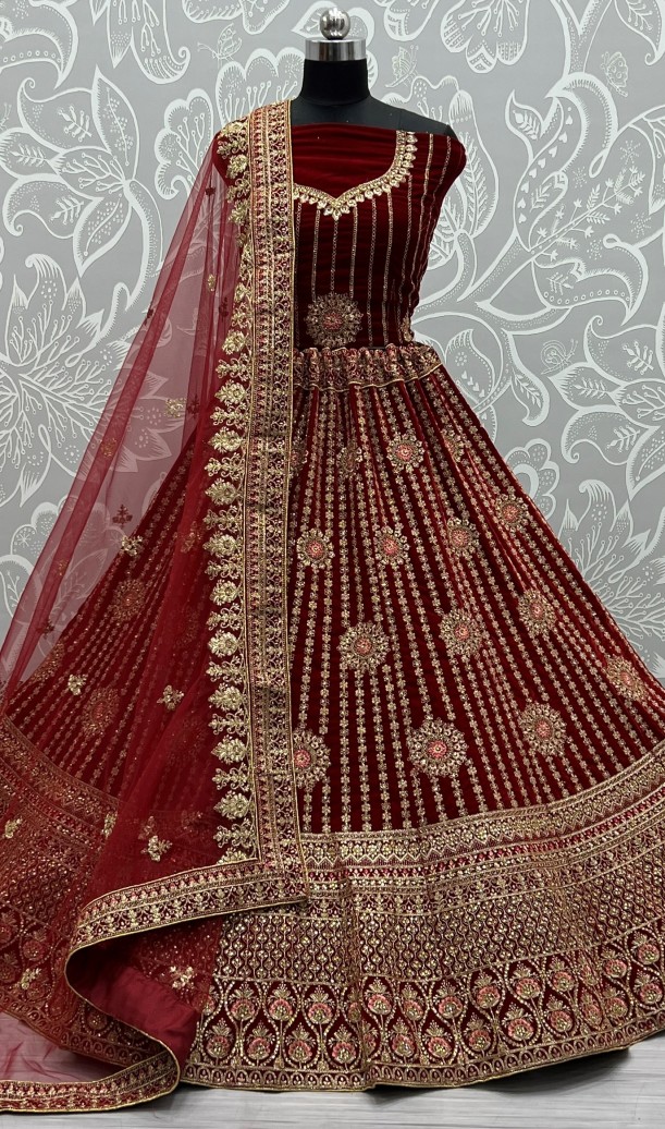 Fantastic Maroon Zari Embroidery Velvet Bridal Wear Lehenga Choli