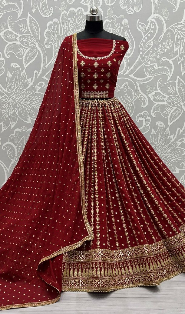 Smoothest blooming Georgette effect-full embroidered Flared wedding Lehengacholi in maroon and purple too