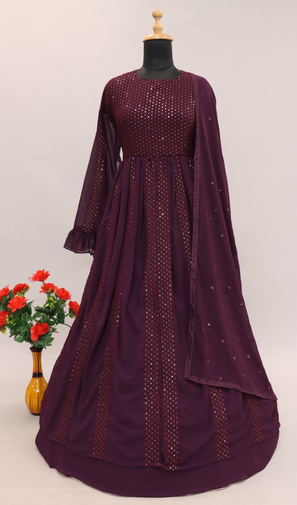 Embroidered Georgette Jacket Style Lehenga in Wine