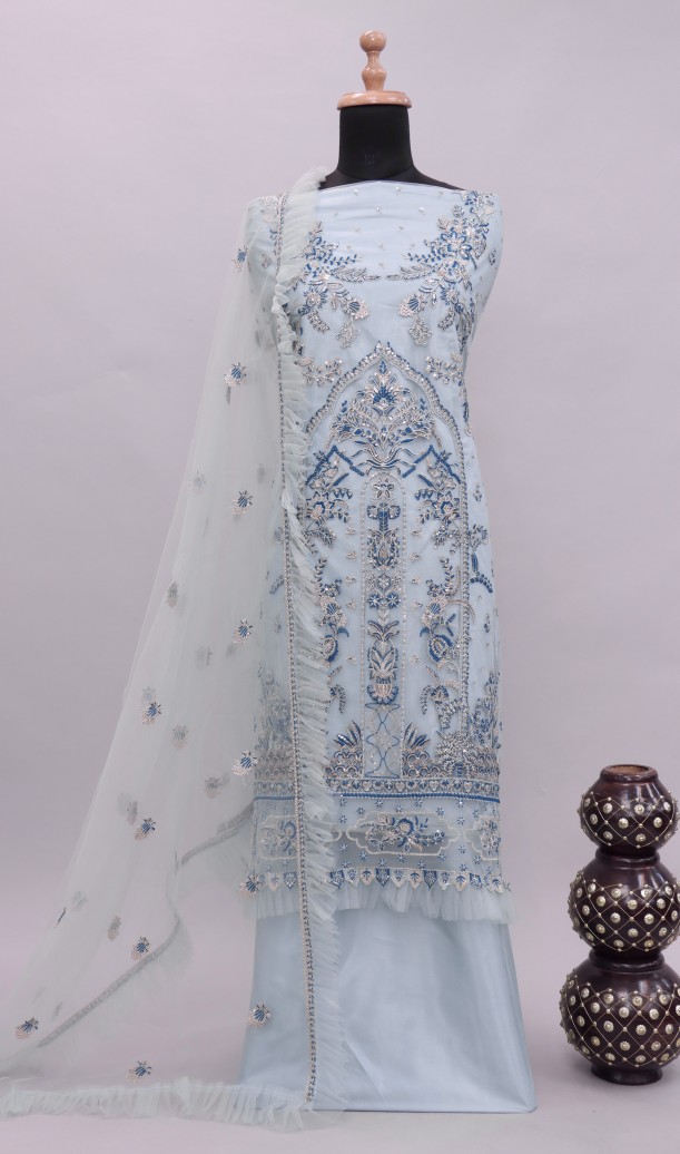 Blue Embellished With Embroidered Georgette Pakistani Suit Blue Embellished With Embroidered Georgette Pakistani Suit