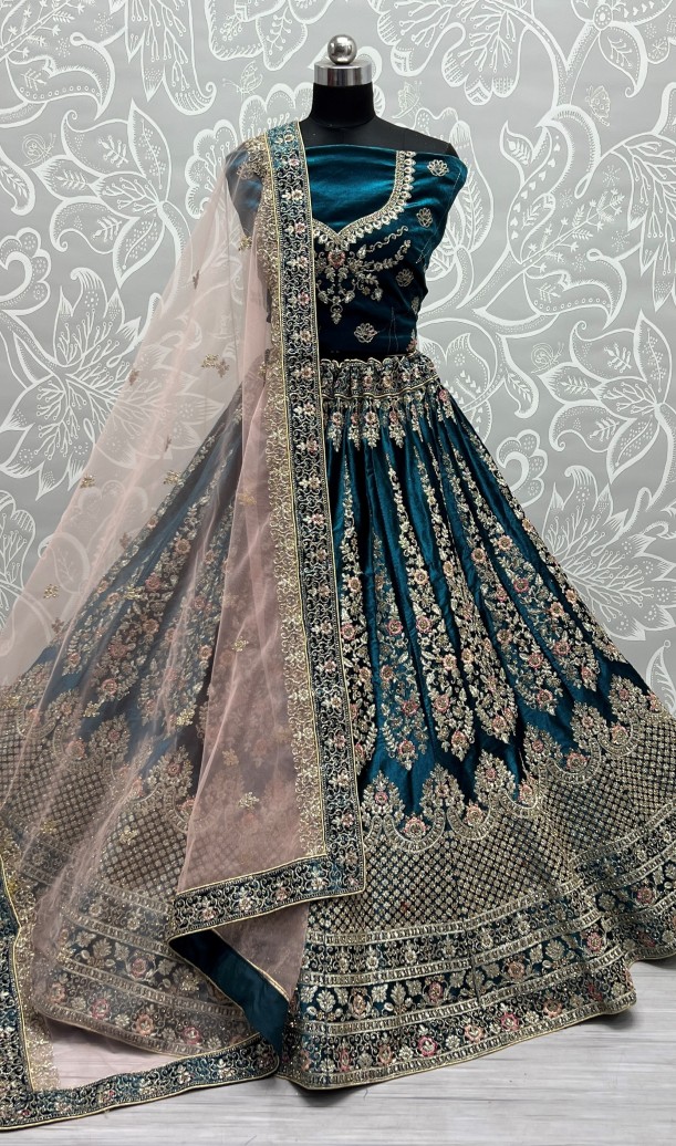 Embroidery Velvet Lehenga Choli In Turquoise