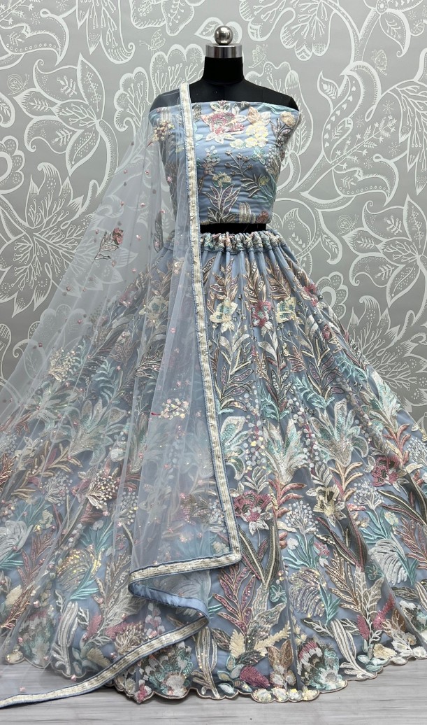 GREY Perfect sequins matching with cotton thread embroidered designer Lehengacholi 