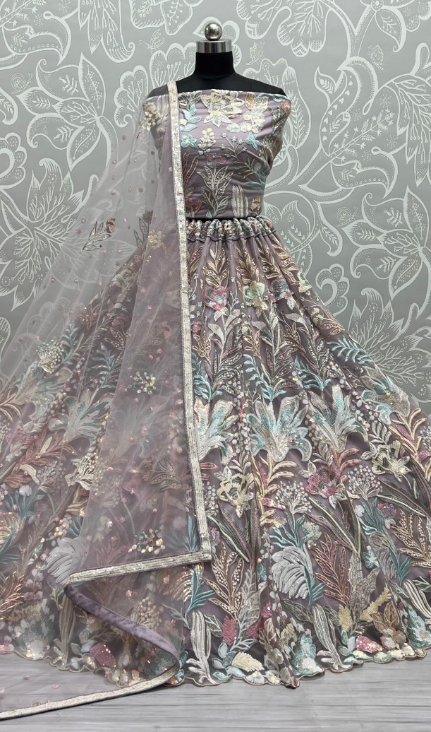 PEACH GREY Perfect sequins matching with cotton thread embroidered designer Lehengacholi 