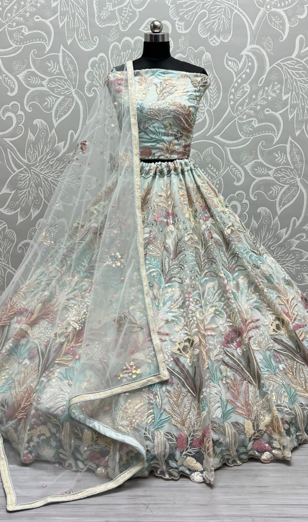 OFF WHITE Perfect sequins matching with cotton thread embroidered designer Lehengacholi 