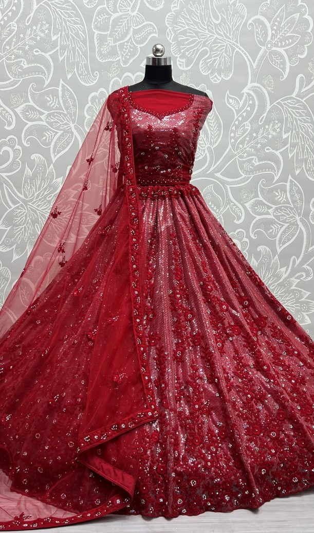 Sequins and thread work combine designed shinning reception and wedding purpose Lehengacholi RED