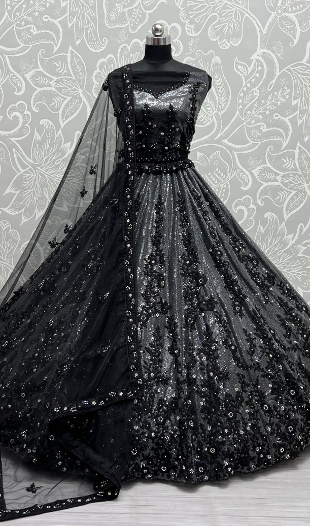 Sequins and thread work combine designed shinning reception and wedding purpose Lehengacholi BLACK