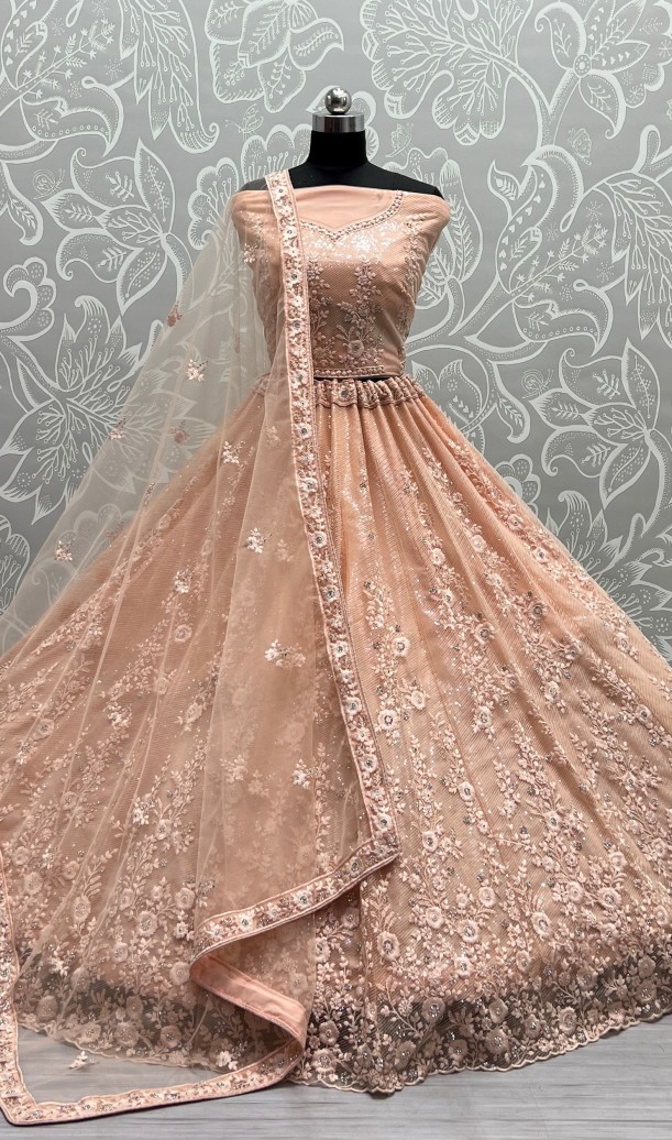 Sequins and thread work combine designed shinning reception and wedding purpose Lehengacholi CREAM
