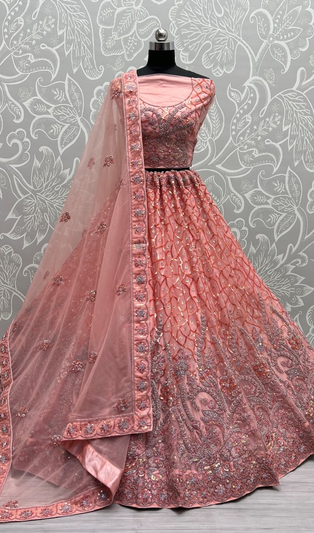 Very Well Detailed Embroidery Partywear Spanish Pink Lehengacholi