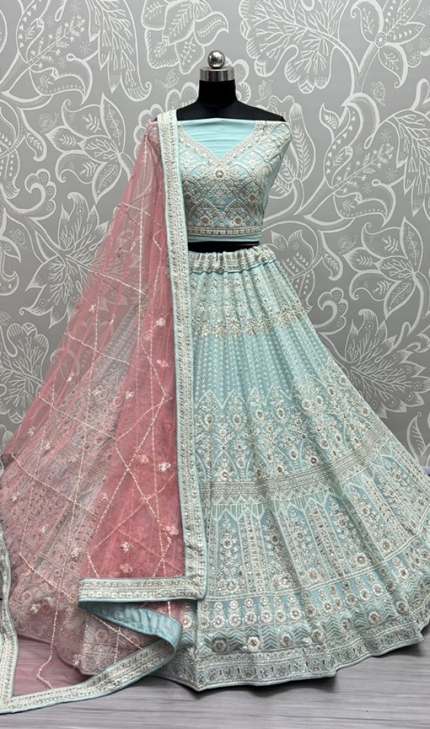 Five Meter Flaired Cotton Thread and sequins Embroidered Designer Lehengacholi 