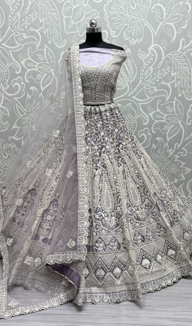 Five meter plus flair peacock pattern embroidered partywear Lehengacholi 