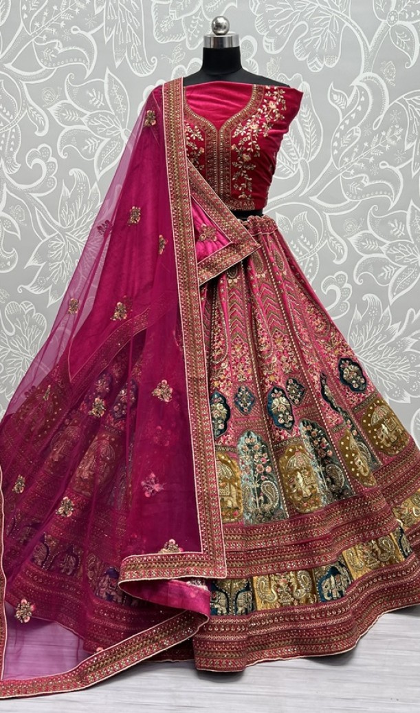 Double Dupatta Velvet Patch Embroidered Bridal Lehengacholi 