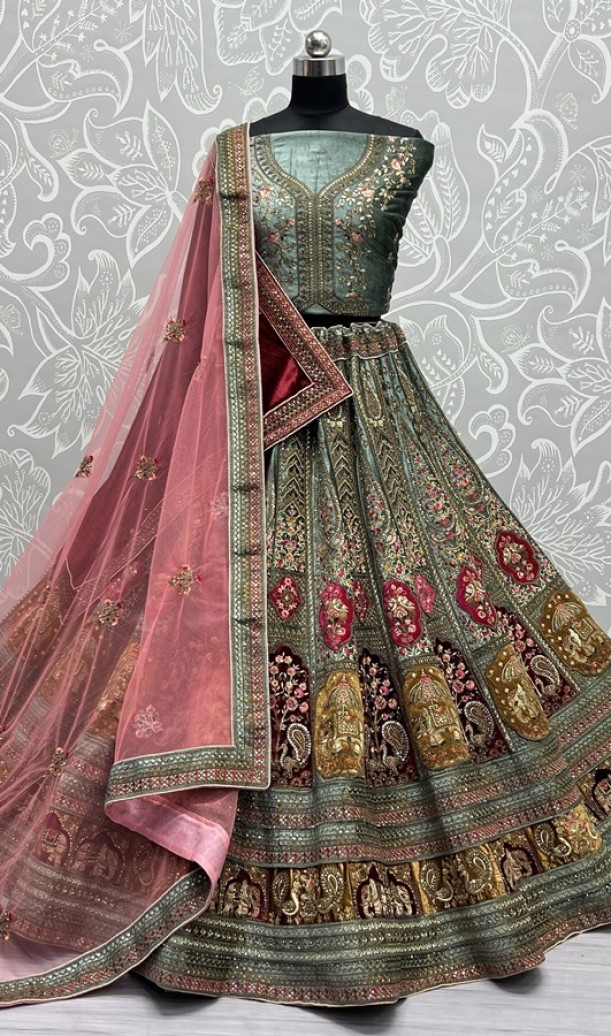 Double Dupatta Velvet Patch Embroidered Bridal Lehengacholi 