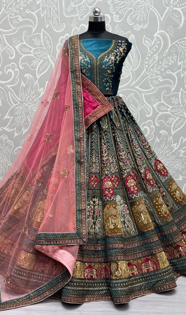 Double Dupatta Velvet Patch Embroidered Bridal Lehengacholi 