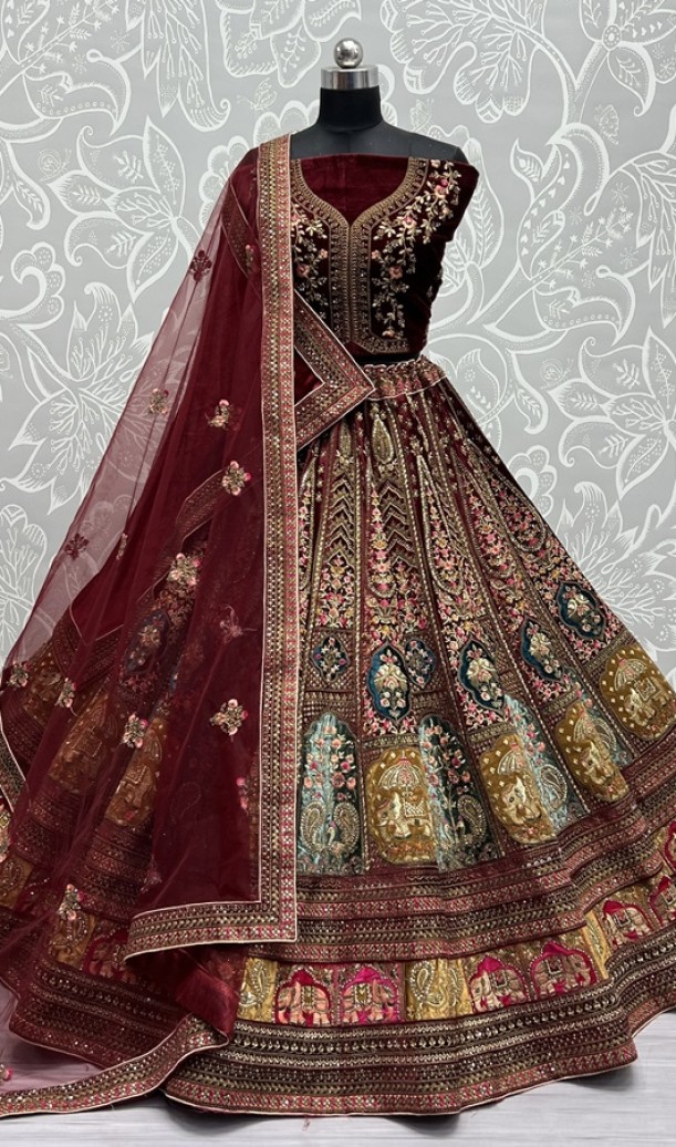 Double Dupatta Velvet Patch Embroidered Bridal Lehengacholi 