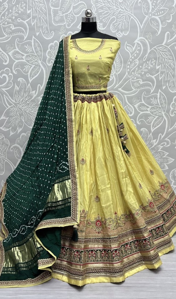 Pure Gadhwal Silk Handwork Crafted Lehengacholi with Bandhani Dupatta 