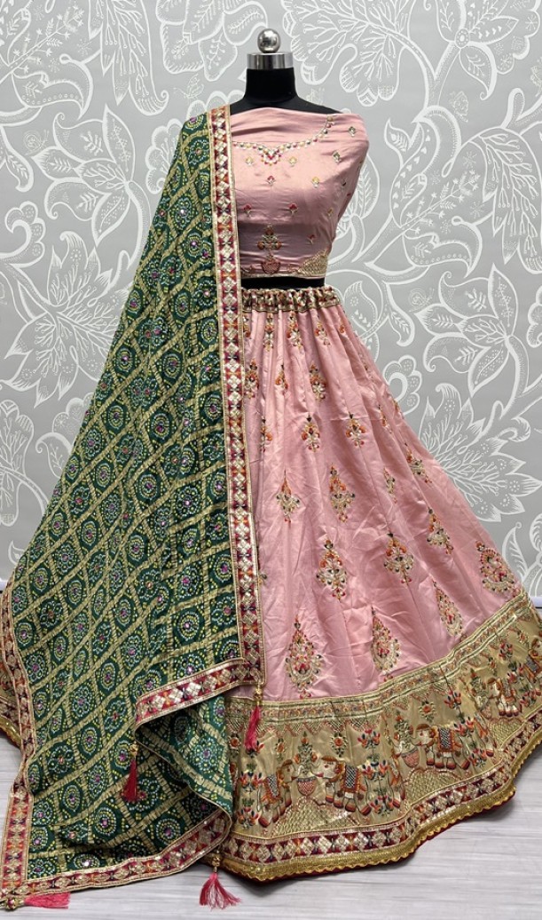 Hand Mirror Crafted Bandhani Print Pure Gadhwal silk Lehengacholi