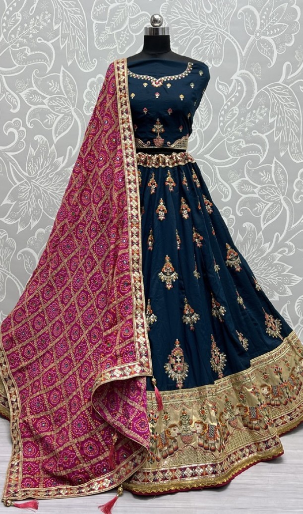 Hand Mirror Crafted Bandhani Print Pure Gadhwal silk Lehengacholi