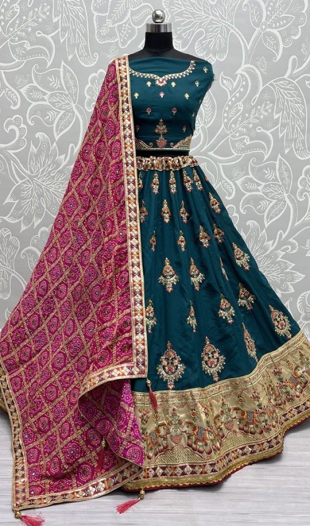 Hand Mirror Crafted Bandhani Print Pure Gadhwal silk Lehengacholi