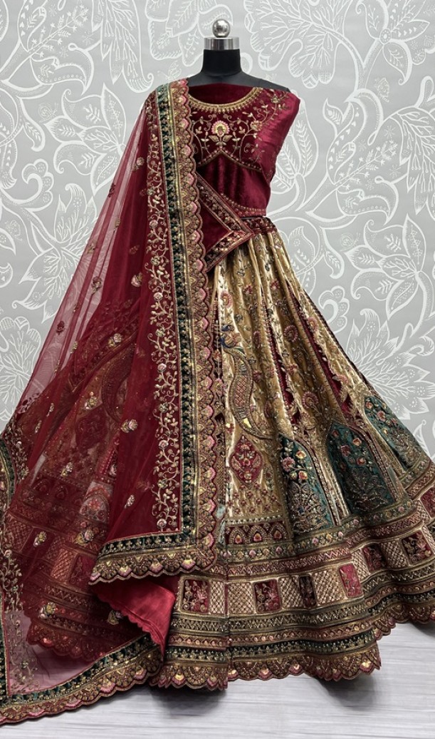 Heavy patch work five meter plus Flaired Exclusive Bridal Lehengacholi Peacock Embroidered Crafted