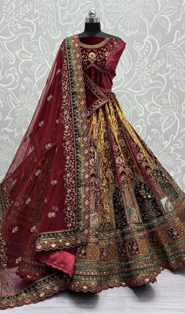 Peacock Embroidered Crafted Heavy patch work five meter plus Flaired Exclusive Bridal Lehengacholi 