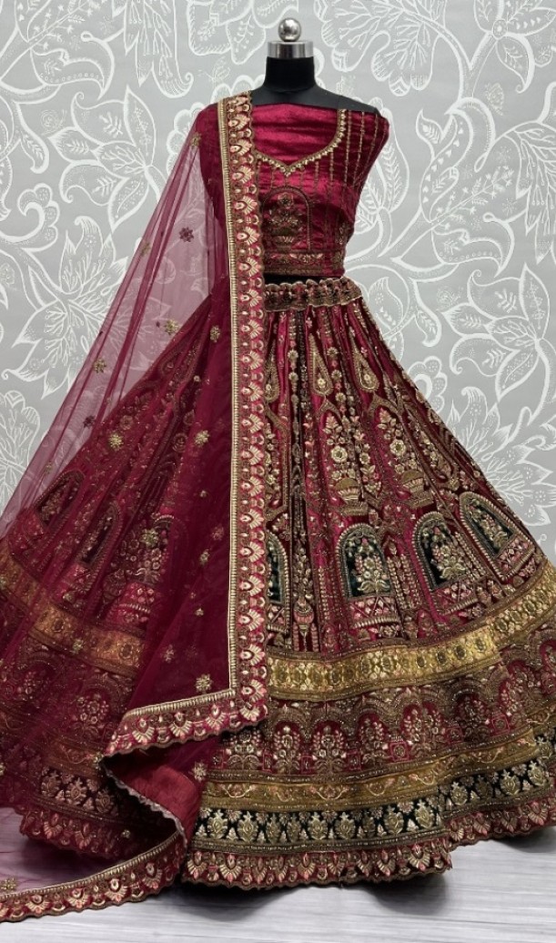 Velvet Embroidered Patch work with  metalic Zari work Velvet lehenga choli 