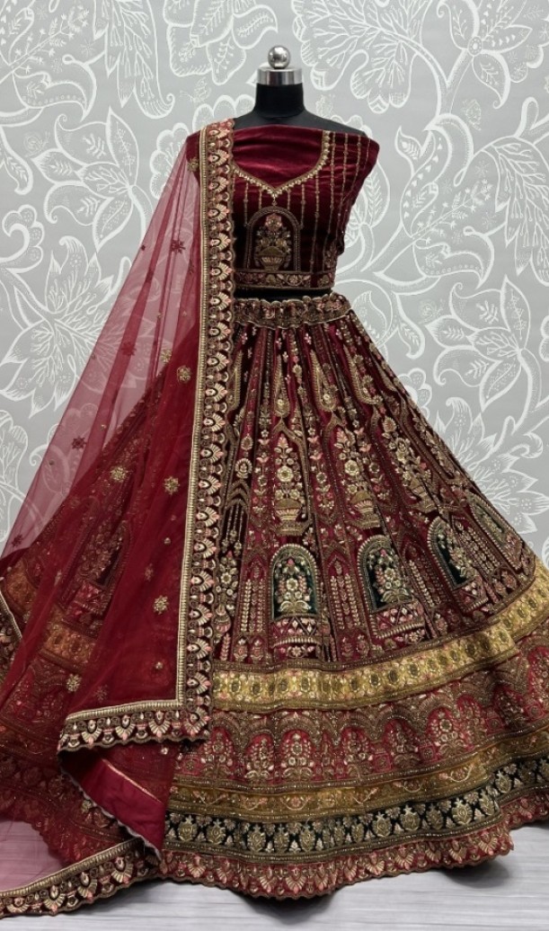 Velvet Embroidered Patch work with  metalic Zari work Velvet lehenga choli 