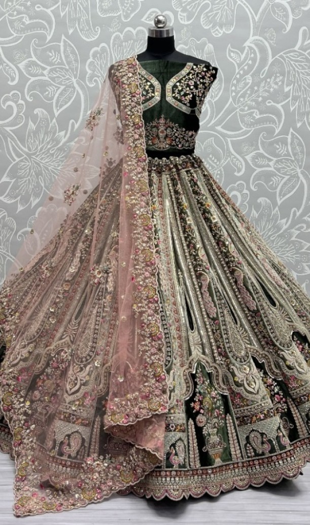 Heavy Velvet Patch Embroidered Handwork look Designer Bridal Lehengacholi 