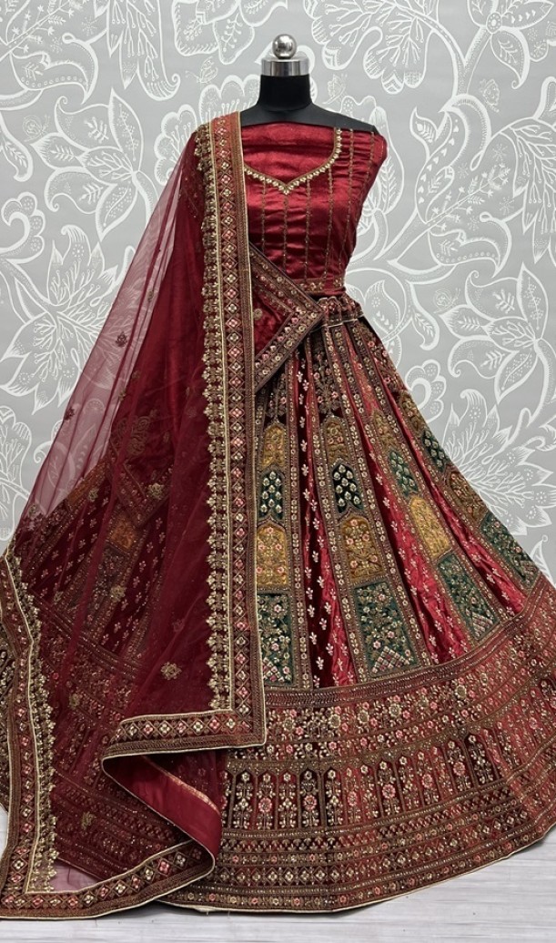 Double Dupatta lehenga choli in velvet  Multi color Patch Work