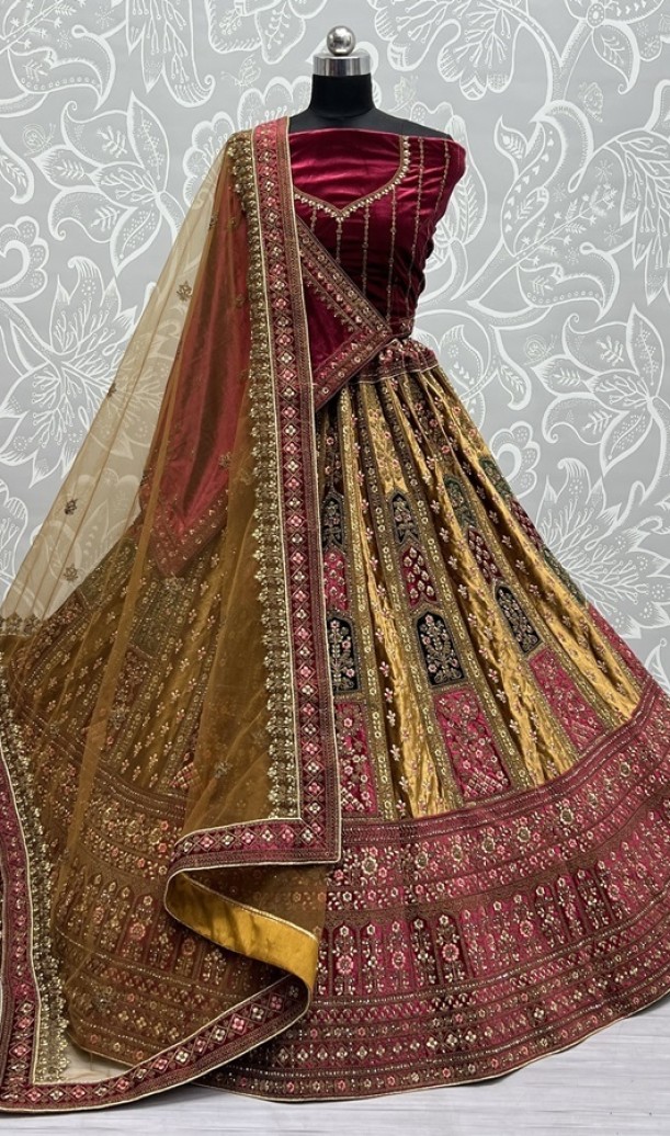 Double Dupatta lehenga choli in velvet  Multi color Patch Work