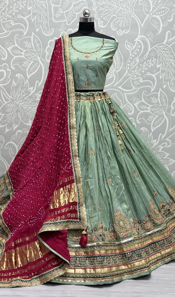 Pure Gajji silk Bandhani Dupatta and Gadhwal silk crafted Wedding Wear Lehengacholi 