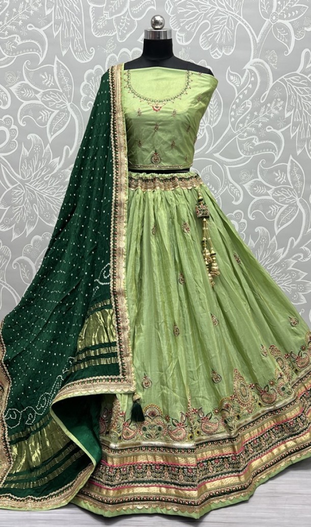 Pure Gajji silk Bandhani Dupatta and Gadhwal silk crafted Wedding Wear Lehengacholi 