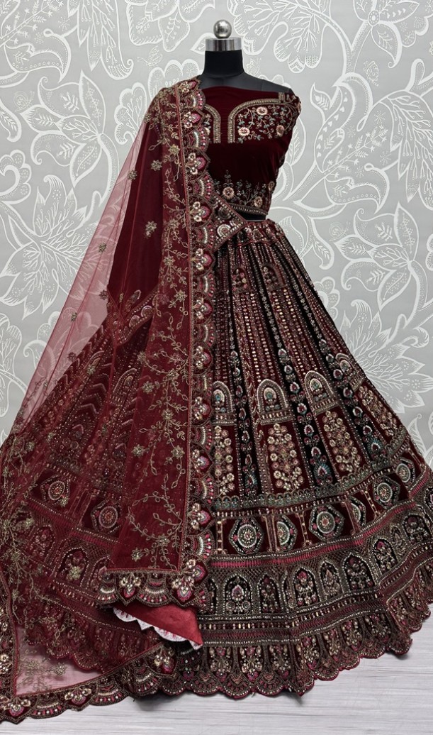 Multi Thread and Red Dori Embroidery combine with Sequins work Velvet Lehenga Choli