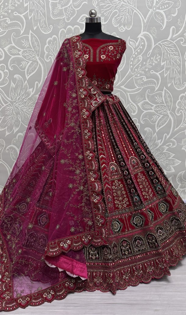 Multi Thread and Pink Dori Embroidery combine with Sequins work Velvet Lehenga Choli