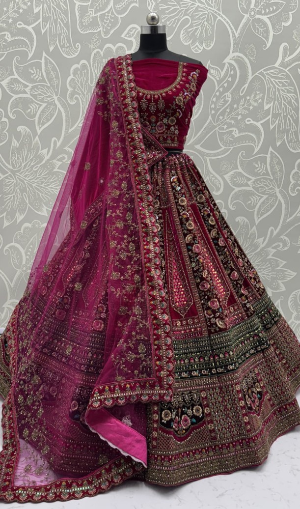 Double Pink Maroon dupatta combined With excellent flower Embroidery and Hand crafted mirror work designed Bridal Lehenga choli 