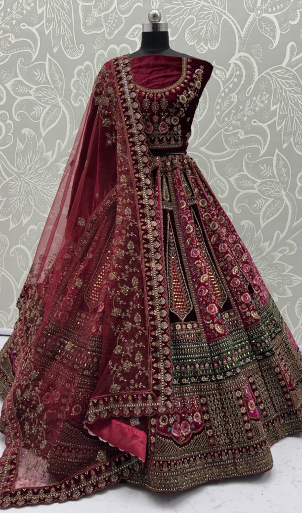 Double dupatta combined With excellent flower Embroidery and Hand crafted mirror work designed Bridal Lehenga choli 