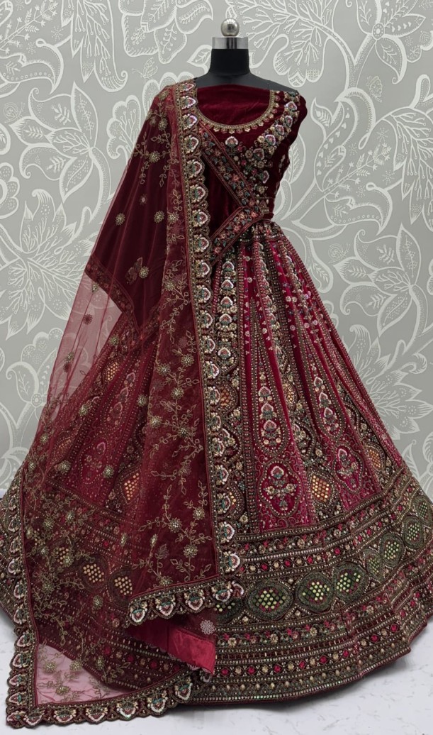 Stunning Maroon Hand Mirror and Sequins Embroidery Designer Lehenga Choli 