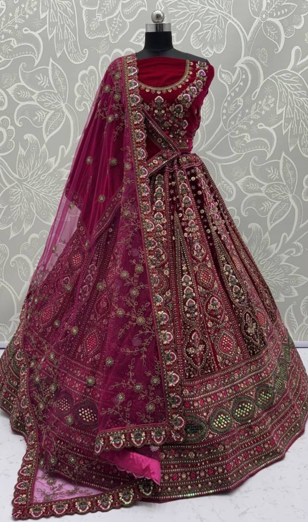 Stunning Dark Maroon Hand Mirror and Sequins Embroidery Designer Lehenga Choli 