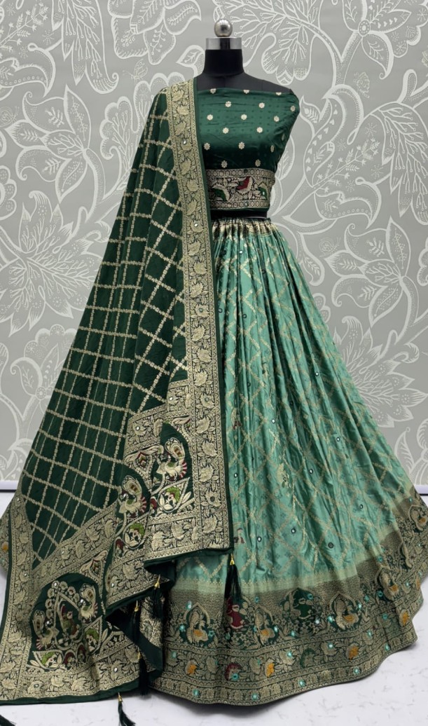 Elegant Look Green Georgette Satin Fabric Crafted Lehenga Choli for this Wedding Season