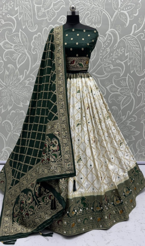 Elegant Look Ivory Green Georgette Satin Fabric Crafted Lehenga Choli for this Wedding Season