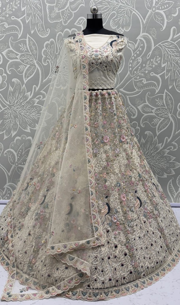Stunning Peacock white Embroidered Crafted Partywear Lehenga Choli with dupatta and blouse 