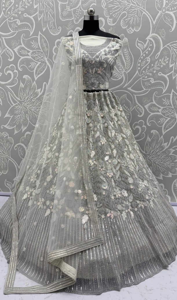Eye-Catchy Silver Grey Lehengacholi studded with zircon diamond and Full of Sequins work 