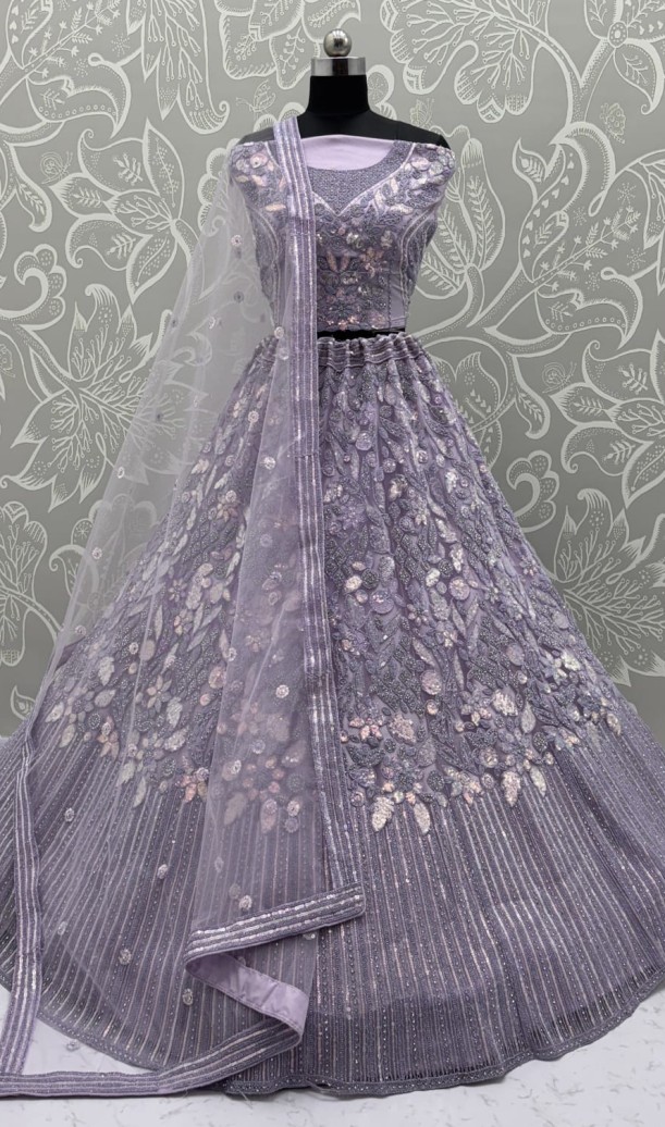Eye-Catchy Lavender Lehengacholi studded with zircon diamond and Full of Sequins work 