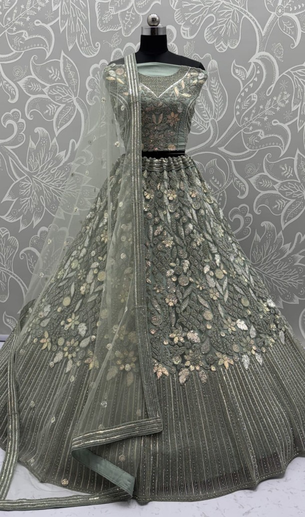 Eye-Catchy Olive Green Lehengacholi studded with zircon diamond and Full of Sequins work 
