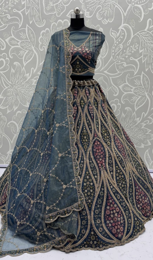 Abstinent Blue Art of Work with Detailed Thread work Designer LehengaCholi perfect for reception wear