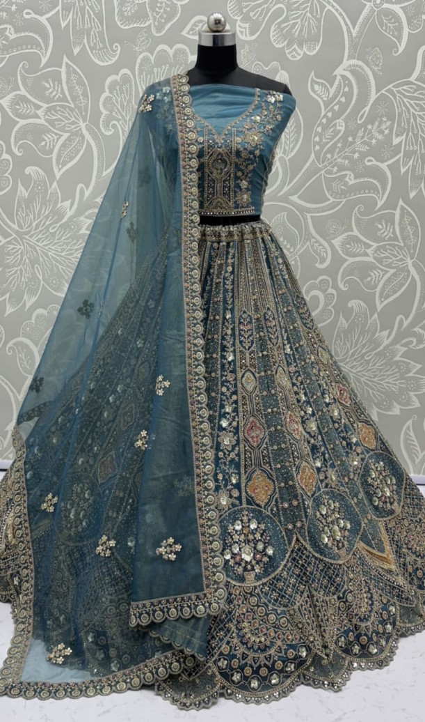 Metalic Blue Embroidery on Vibrant Color Designer Partywear Lehengacholi 