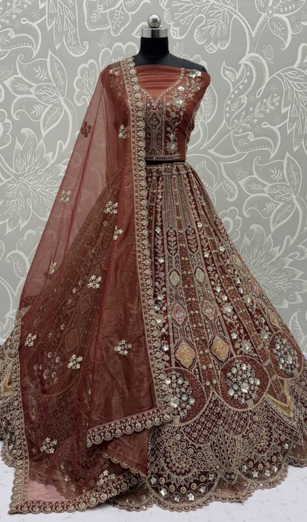 Metalic Orange Embroidery on Vibrant Color Designer Partywear Lehengacholi 