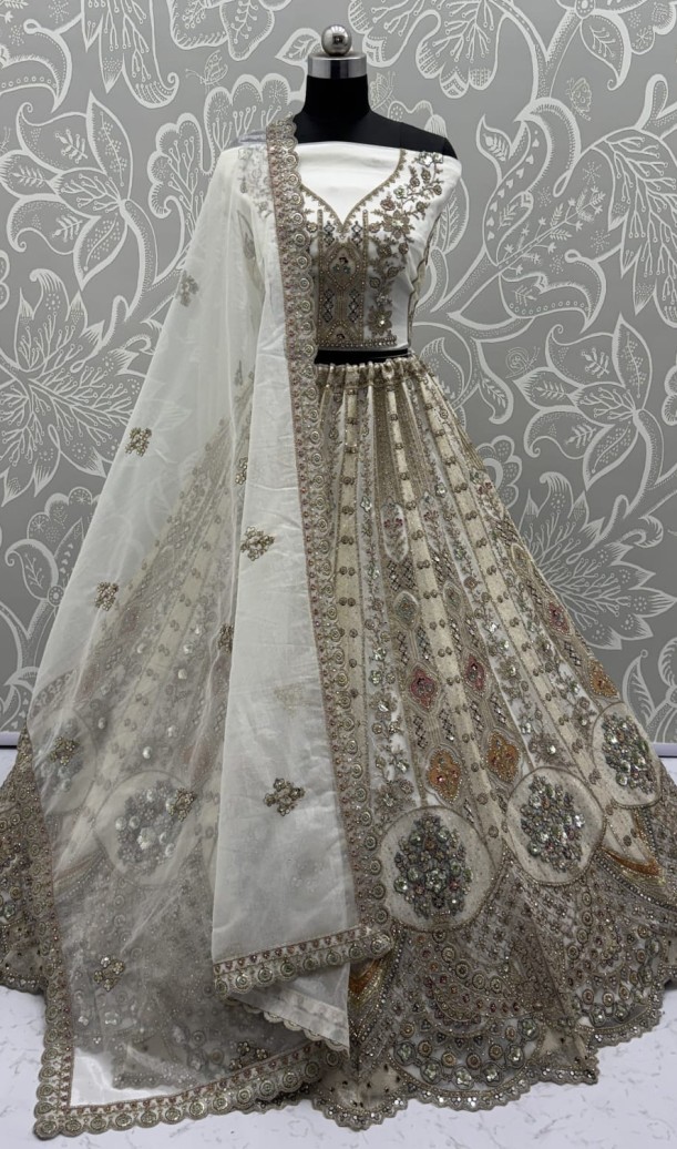 Metalic White Embroidery on Vibrant Color Designer Partywear Lehengacholi 