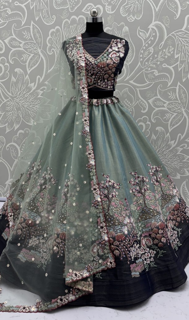 Eye-Catchy Blue Color Range Rainbow Shaded Sequins Work Partywear Lehengacholi 