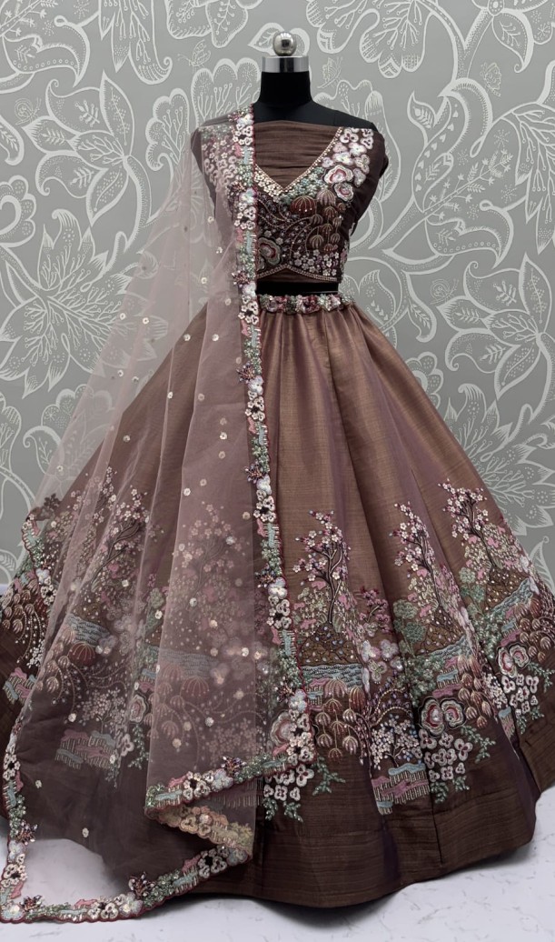 Eye-Catchy Brown Color Range Rainbow Shaded Sequins Work Partywear Lehengacholi 